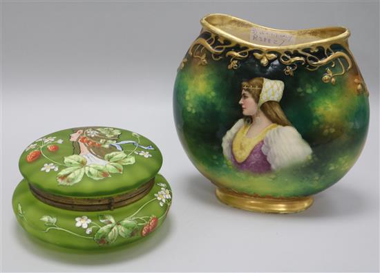 An Art Nouveau ceramic vase and a glass Art Nouveau enamelled powder jar